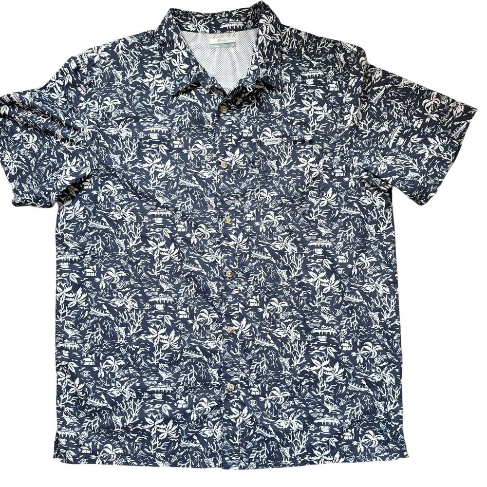 Columbia Navy and White Short Sleeve Button-Up Hawaiian Shirt